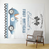 Tenture Blue Race Car 1st Birthday Photo Backdrop (En situation (horizontale))