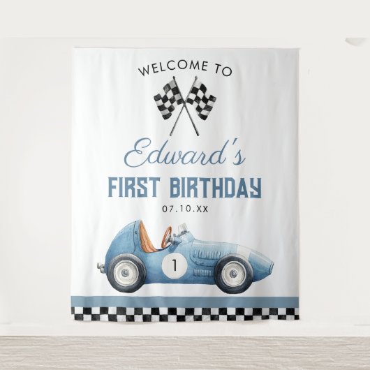 Tenture Blue Race Car 1st Birthday Photo Backdrop (Devant)