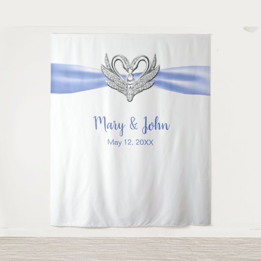 Tenture Blue Ribbon Argent Swans Mariage fond (Devant)