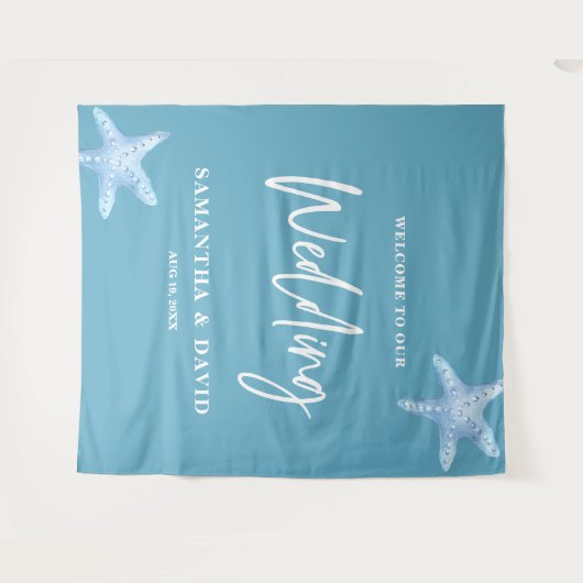 Tenture Blue Sea Wedding Welcome Sign Backdrop (Devant (Horizontal))