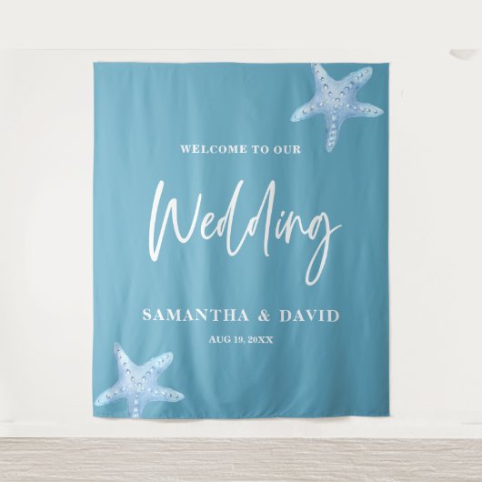 Tenture Blue Sea Wedding Welcome Sign Backdrop (Devant)