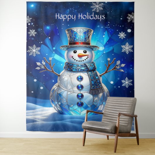 Tenture Blue Snowman Snowflakes Holiday Backdrop (En situation)
