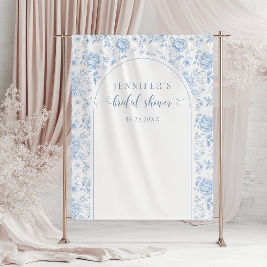 Tenture Blue Toile Porcelain Floral Bridal Shower Backdrop