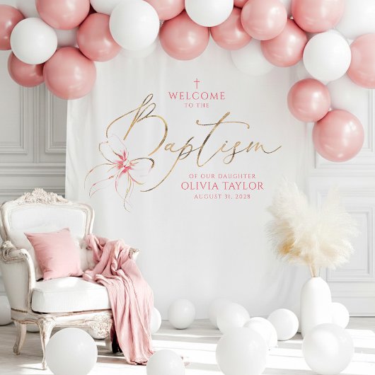 Tenture Blush Pink Bow Girl Baptism Photo Backdrop Welcome