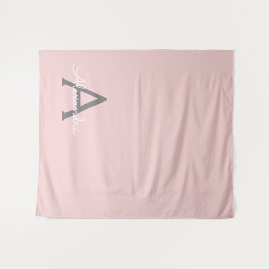 Tenture Blush Pink Grey Modern Script Girly Monogram (Devant (Horizontal))