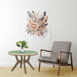 Tenture Boho beige gris floral botanique aquarelle