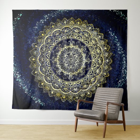 Tenture Boho bleu et jaune Yoga Mandala Mur pendaison (En situation (horizontale))