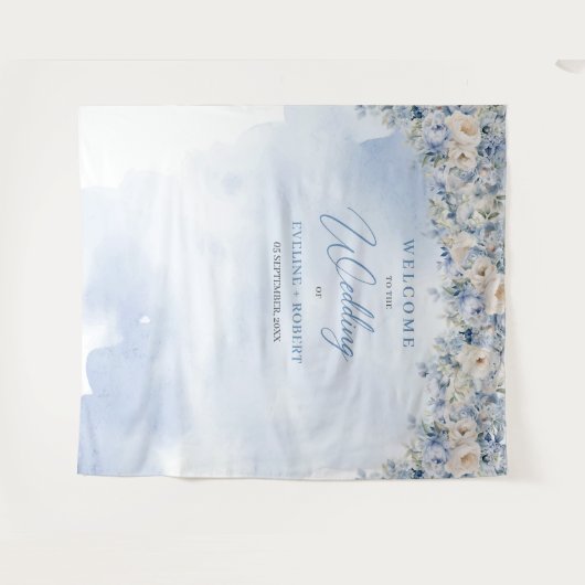 Tenture Boho bleu fleuri eucalyptus et cadre or Mariage (Devant (Horizontal))