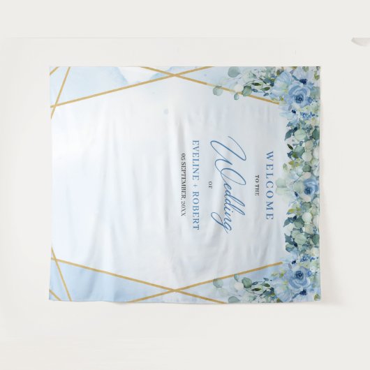 Tenture Boho bleu fleuri eucalyptus et cadre or Mariage (Devant (Horizontal))
