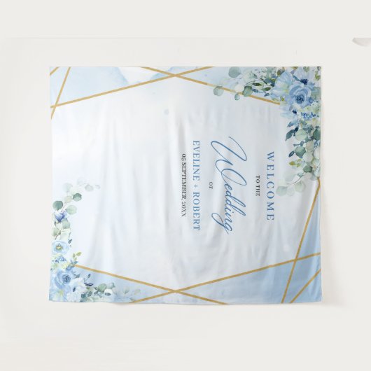 Tenture Boho bleu fleuri eucalyptus et cadre or Mariage (Devant (Horizontal))