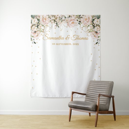 Tenture Boho bleu rose floral or feuille mariage boho (En situation)