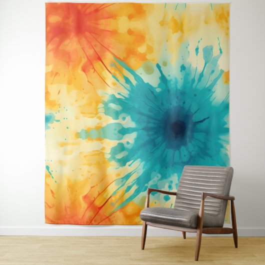 Tenture Boho Chic Jaune et Turquoise Tie Dye Design (En situation)