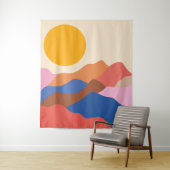 Tenture Boho Esthétique Abstrait Paysage Montagnes Bleu (En situation)