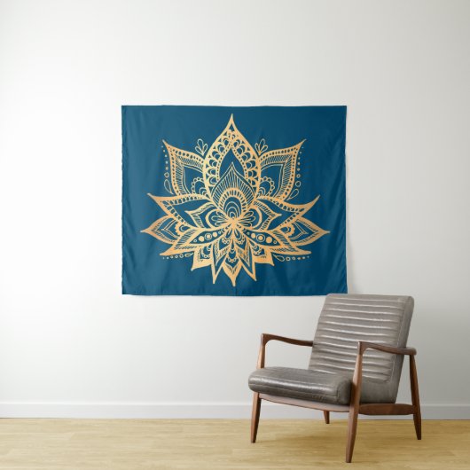 Tenture Boho Gold Lotus Flower Mandala Art Blue (En situation (horizontale))