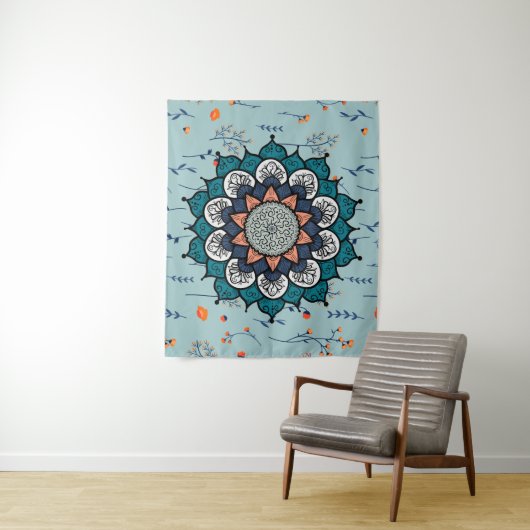 Tenture Boho Hippie Mandala avec fleurs orange (En situation)