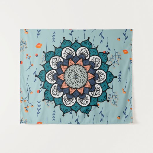 Tenture Boho Hippie Mandala avec fleurs orange (Devant (Horizontal))