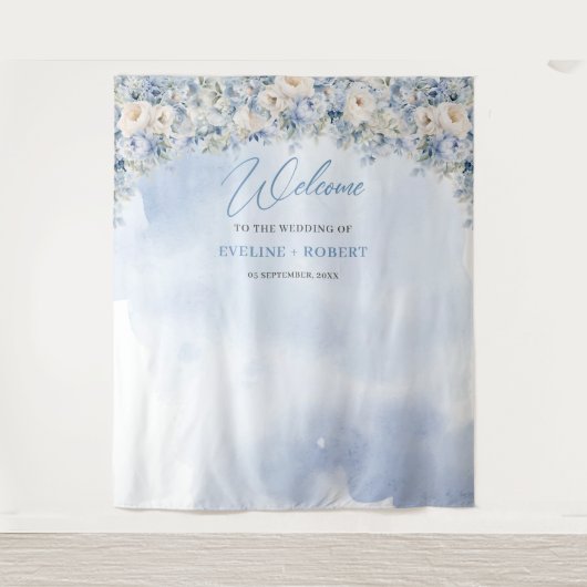 Tenture Boho hiver bleu ivoire fleuri eucalyptus Mariage (Devant)