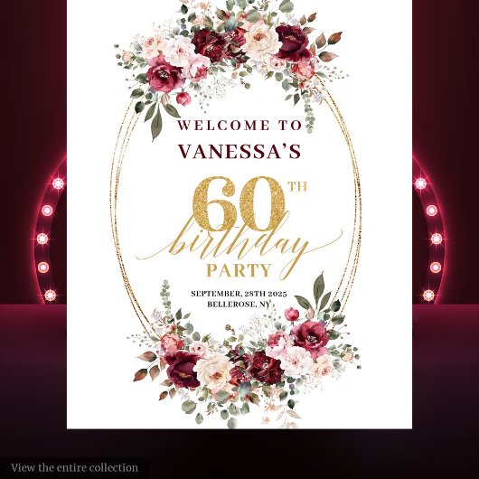 Tenture Boho Marsala Gold Floral Burgundy 60th Birthday