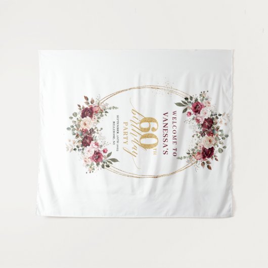 Tenture Boho Marsala Gold Floral Burgundy 60th Birthday (Devant (Horizontal))