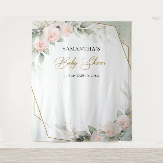 Tenture Boho rose rose rousse roses verdure baby shower or (Devant)