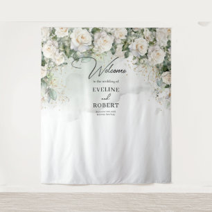 Tenture Boho White Roses mariage vert et or