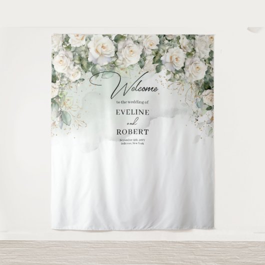 Tenture Boho White Roses mariage vert et or (Devant)