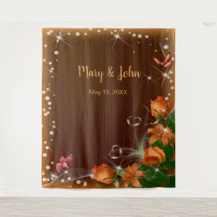 Tenture Bois foncé rustique Orange Mariage Floral Arrière-