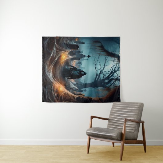 Tenture Bonne Halloween Grim Reaper dans un cimetière (En situation (horizontale))