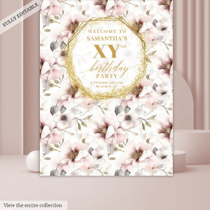 Tenture Booth Photo Anniversaire Fleurs Blush Élégant Or I