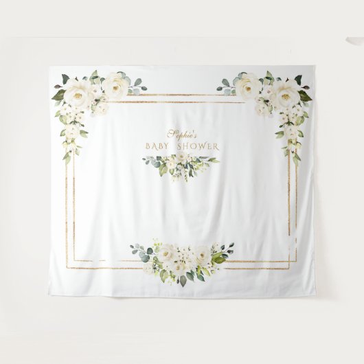Tenture Booth Photo Bébé Fleur Blanche Or Fête Prénatale (Devant (Horizontal))
