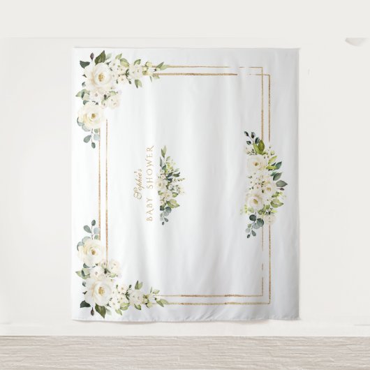 Tenture Booth Photo Bébé Fleur Blanche Or Fête Prénatale (Devant)