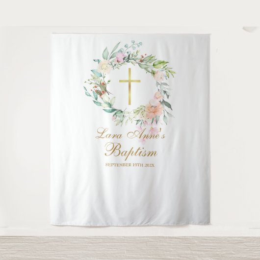Tenture Booth photo de baptême avec guirlande florale (Devant)