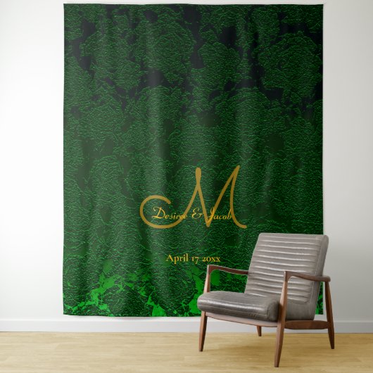 Tenture Booth Photo de Mariage Monogramme Or Vert Chasseur (En situation)