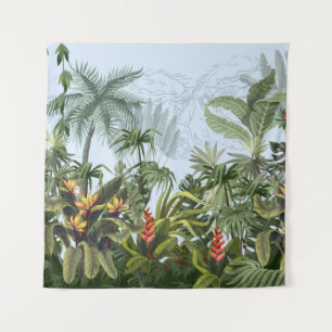 Tenture Bordure transparente avec jungle et fleurs. Vin