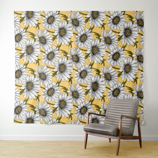 Tenture Bouches blanches, fleurs sauvages sur jaune (En situation (horizontale))