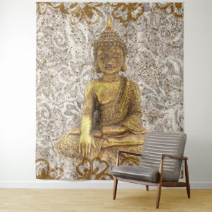 Tenture Bouddha doré fleurs florales dorées