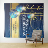 Tenture Boules d'or bleu Père Noël traîneau rennes xmas so (En situation (horizontale))