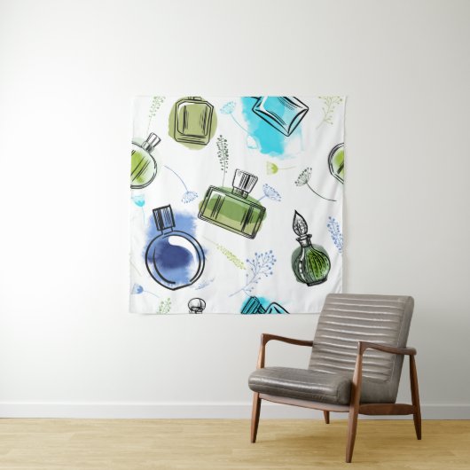 Tenture Bouteille de parfum motif sans soudure et texte aq (En situation)