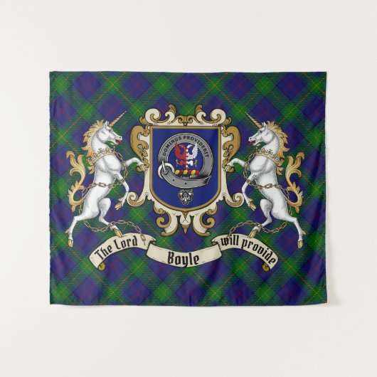 Tenture Boyle Clan Badge & Unicorns avec Tartan (Devant (Horizontal))