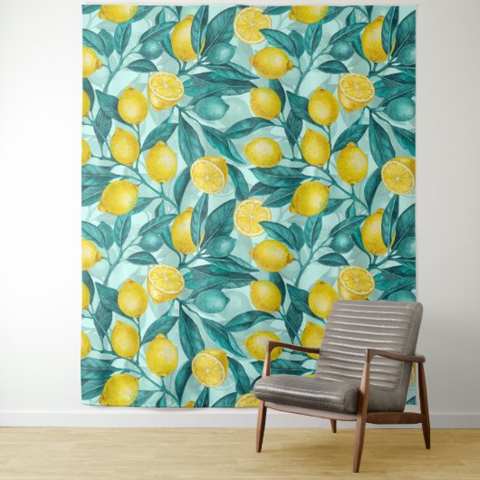 Tenture Branches de citron bleu et jaune (En situation)