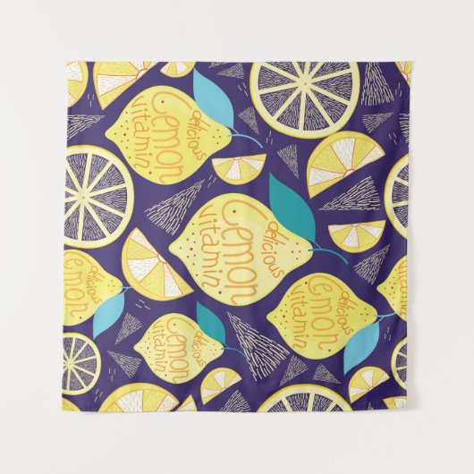 Tenture Bright pattern of lemons and cloves on a dark blue (Devant (Horizontal))