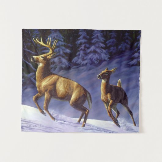 Tenture Buck & Doe de cerf blanc en neige hivernale (Devant (Horizontal))