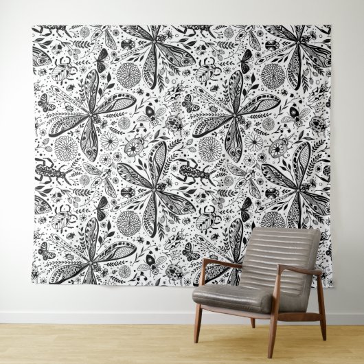 Tenture Bugs de Doodle sur bleu foncé (En situation (horizontale))