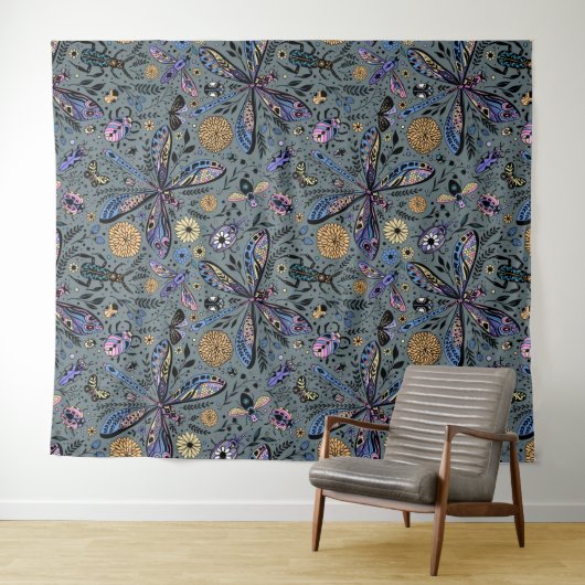 Tenture Bugs de Doodle sur le gris de latte (En situation (horizontale))