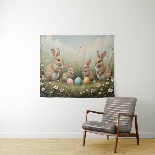 Tenture Bunnies de Pâques Whimsical dans Meadow Rustic Pas (En situation (horizontale))
