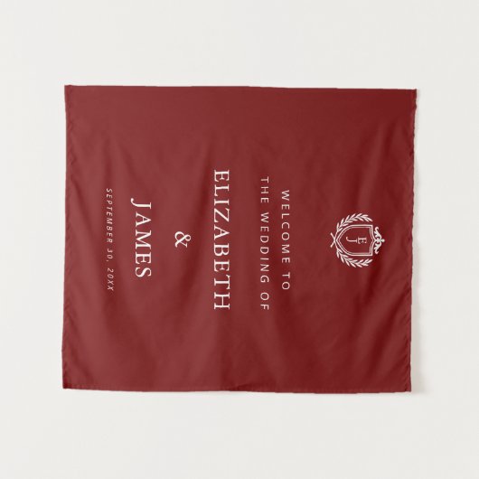 Tenture Burgundy Crest Wedding Welcome, Custom Initials (Devant (Horizontal))