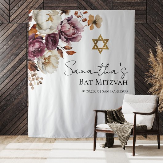 Tenture Burgundy Floral Automne Bat mitzvah Contexte