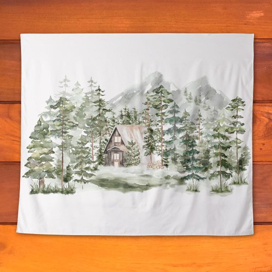 Tenture Cabane à l'aquarelle dans la forêt de pins verts b