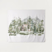 Tenture Cabane à l'aquarelle dans la forêt de pins verts b (Devant (Horizontal))