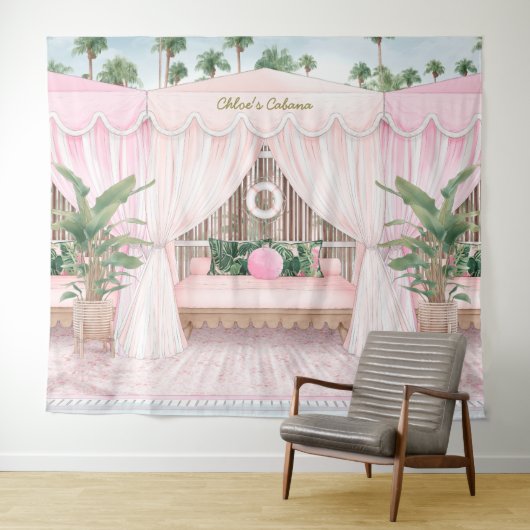 Tenture Cabanon de piscine rose et blanc d'été (En situation (horizontale))